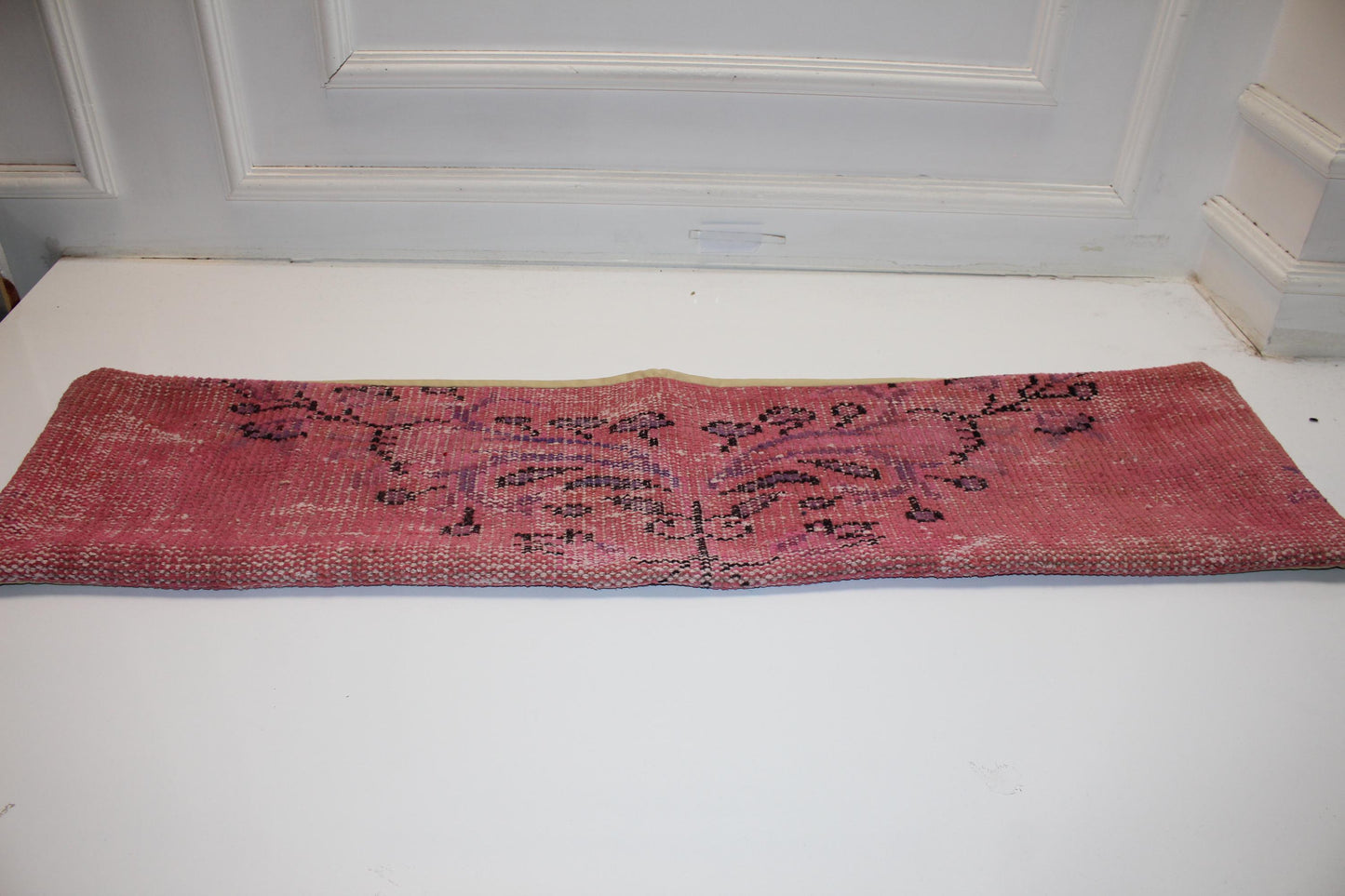 Handmade Turkish Kilim Bench Pillow: Dusty Rose Boho Lumbar Cushion 12x48 Inch