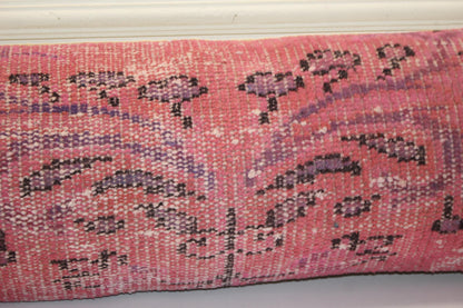 Handmade Turkish Kilim Bench Pillow: Dusty Rose Boho Lumbar Cushion 12x48 Inch