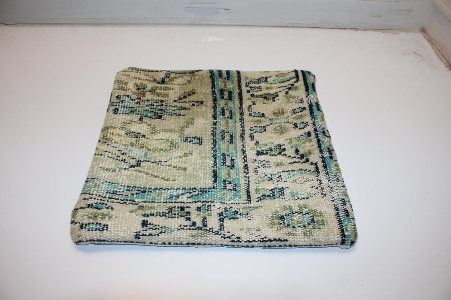Handmade Kilim Pillow Cover: Sage Green, Aqua Boho Throw Cushion (16x16 in)