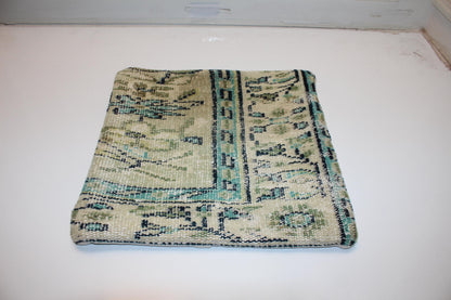 Handmade Kilim Pillow Cover: Sage Green, Aqua Boho Throw Cushion (16x16 in)