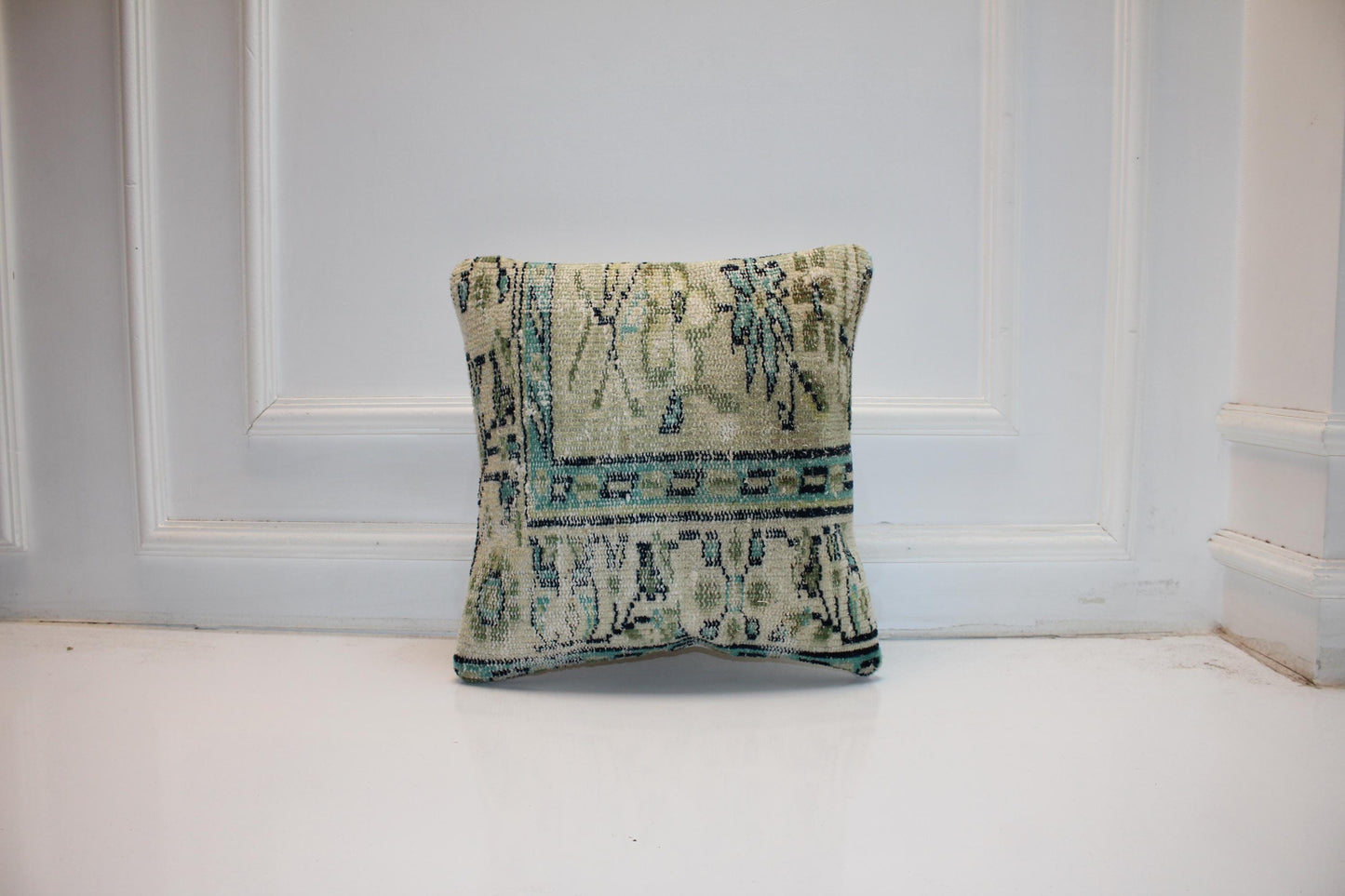 Handmade Kilim Pillow Cover: Sage Green, Aqua Boho Throw Cushion (16x16 in)
