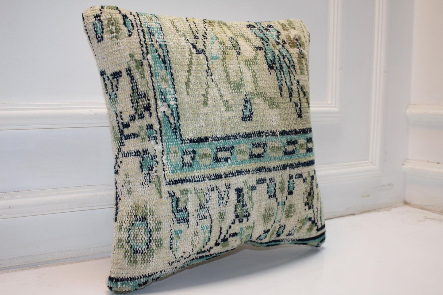 Handmade Kilim Pillow Cover: Sage Green, Aqua Boho Throw Cushion (16x16 in)