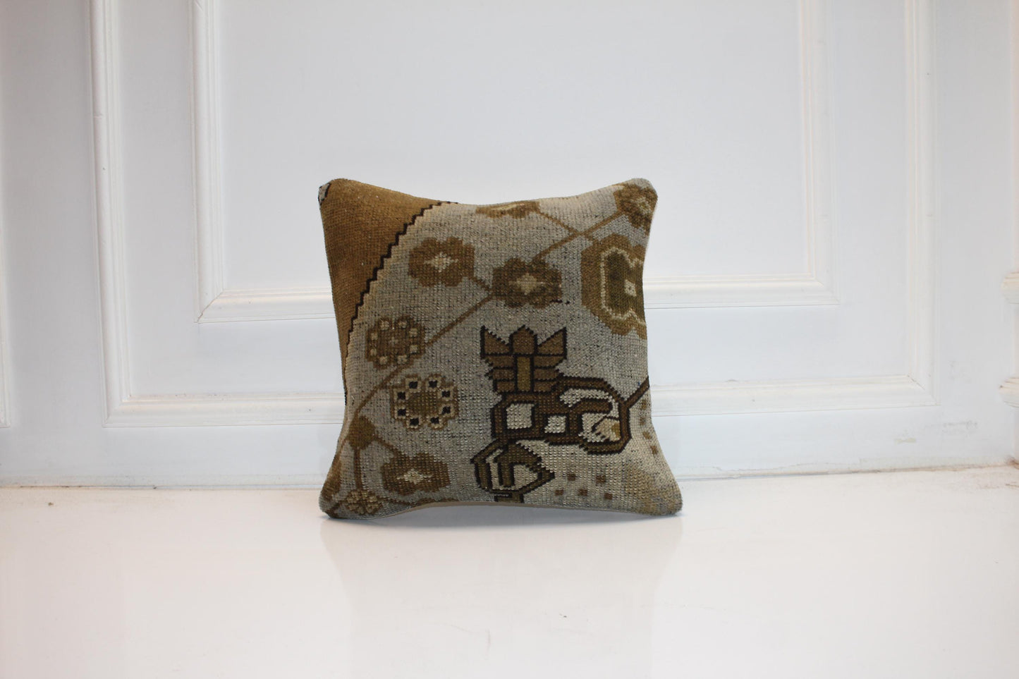 Handmade Kilim Pillow Cover: Upcycled Tribal Beige Brown Throw Cushion (16x16 in)