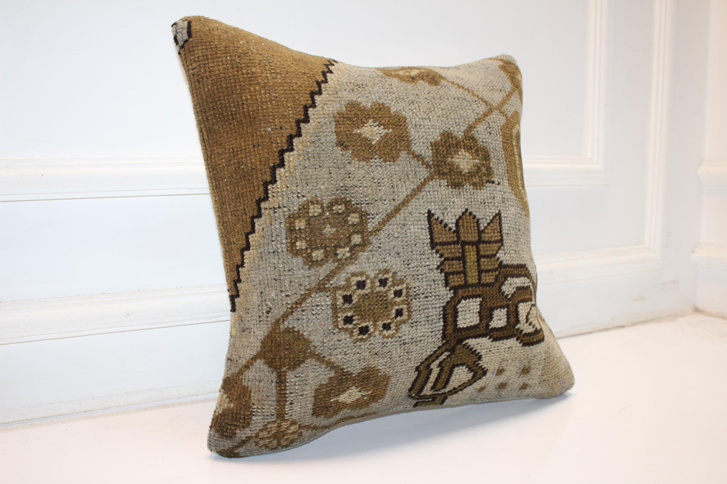 Handmade Kilim Pillow Cover: Upcycled Tribal Beige Brown Throw Cushion (16x16 in)