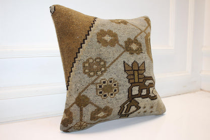 Handmade Kilim Pillow Cover: Upcycled Tribal Beige Brown Throw Cushion (16x16 in)