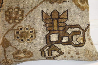 Handmade Kilim Pillow Cover: Upcycled Tribal Beige Brown Throw Cushion (16x16 in)