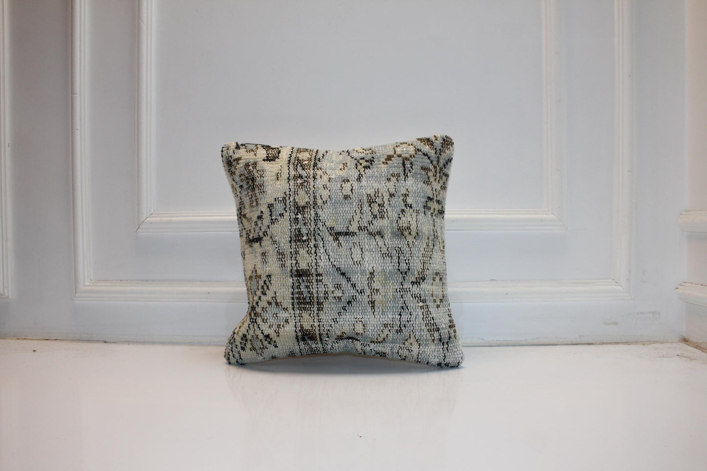Handmade Kilim Pillow Cover: Upcycled Wool, Neutral Boho Throw Cushion (16x16 in)
