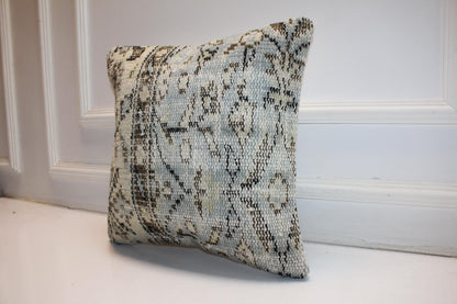 Handmade Kilim Pillow Cover: Upcycled Wool, Neutral Boho Throw Cushion (16x16 in)