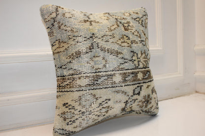 Handmade Kilim Pillow Cover: Upcycled Floral Wool Throw Cushion (16x16 in)