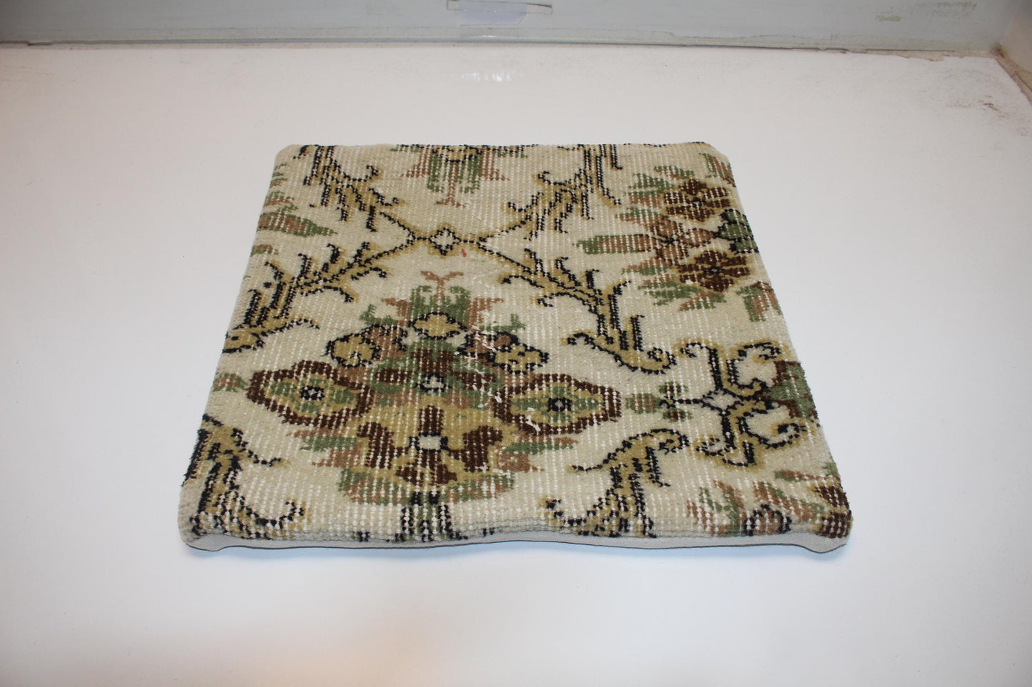 Handmade Kilim Pillow Cover: Antique Cream Olive Medallion Boho Farmhouse Accent Cushion (16x16 in)