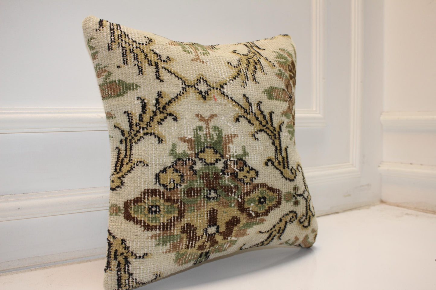 Handmade Kilim Pillow Cover: Antique Cream Olive Medallion Boho Farmhouse Accent Cushion (16x16 in)