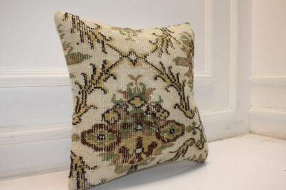 Handmade Kilim Pillow Cover: Antique Cream Olive Medallion Boho Farmhouse Accent Cushion (16x16 in)
