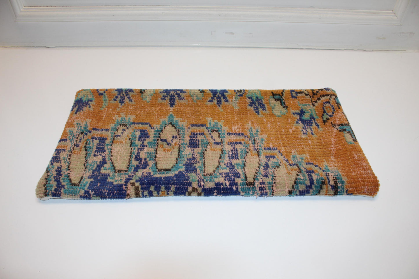 Turkish Kilim Lumbar Pillow 12x24 Mustard Blue Handwoven Rug Cushion Cover Boho