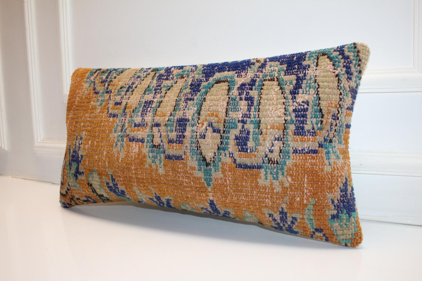 Turkish Kilim Lumbar Pillow 12x24 Mustard Blue Handwoven Rug Cushion Cover Boho