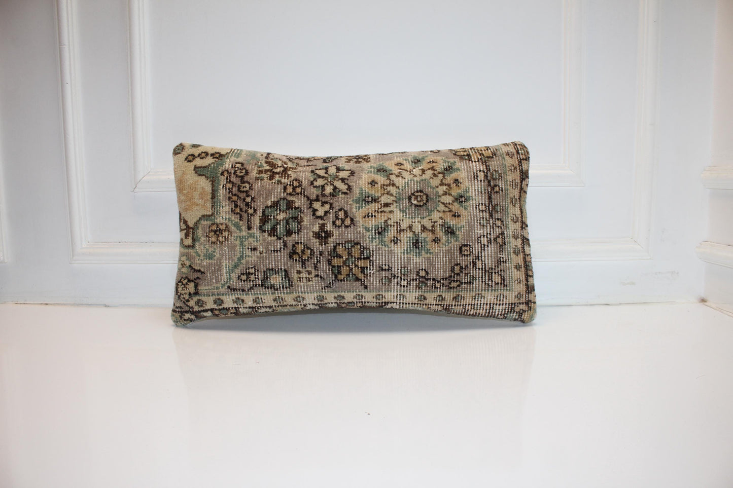 Turkish Kilim Lumbar Pillow 12x24 Beige Mint Floral Handwoven Rug Cushion Cover