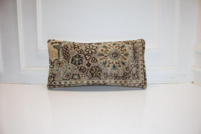 Turkish Kilim Lumbar Pillow 12x24 Beige Mint Floral Handwoven Rug Cushion Cover