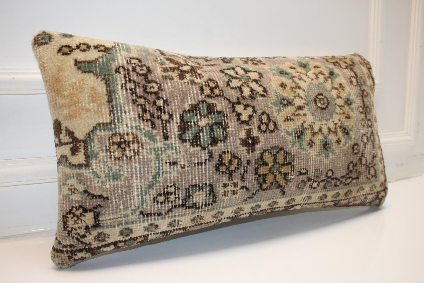 Turkish Kilim Lumbar Pillow 12x24 Beige Mint Floral Handwoven Rug Cushion Cover