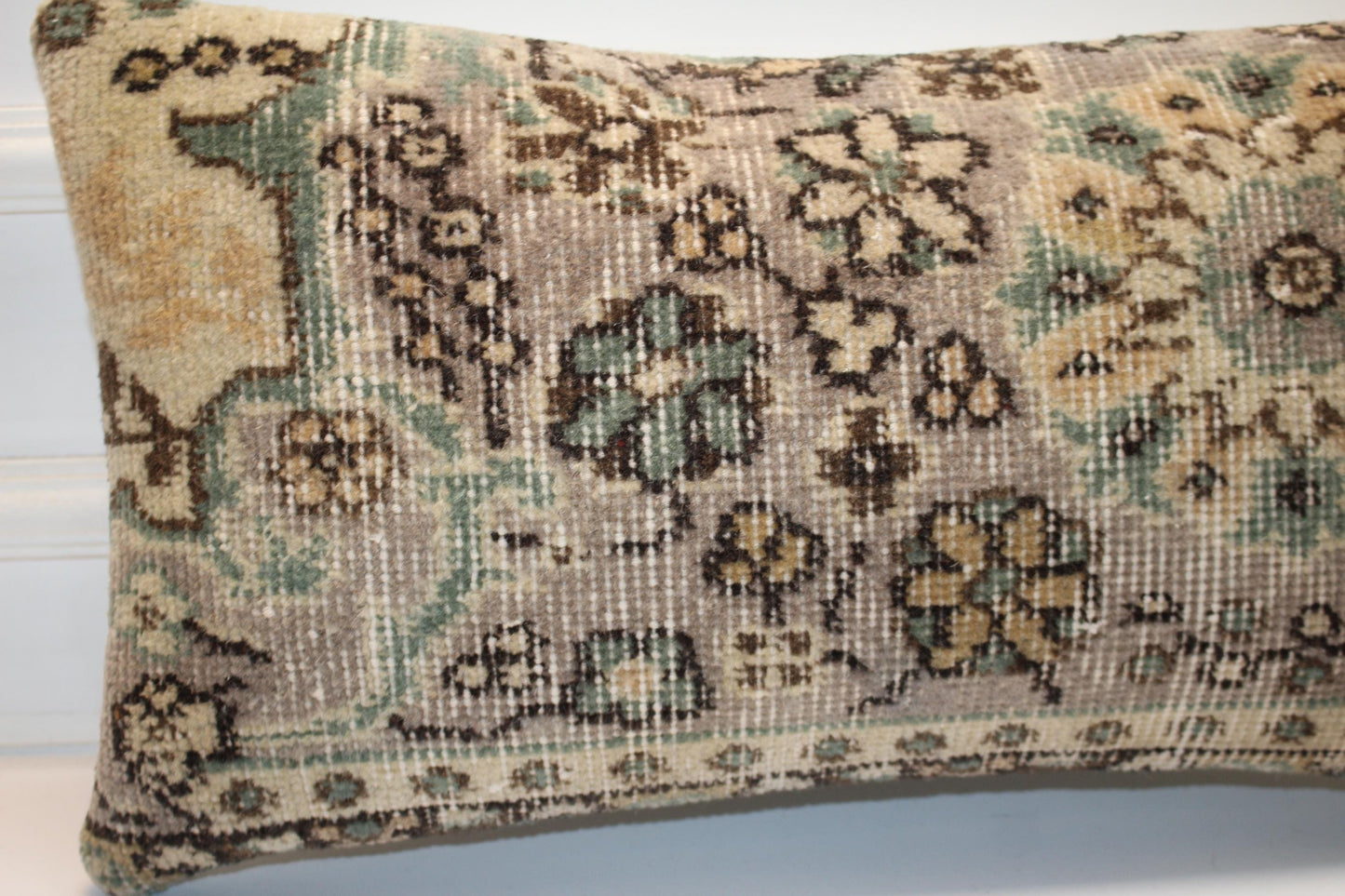 Turkish Kilim Lumbar Pillow 12x24 Beige Mint Floral Handwoven Rug Cushion Cover
