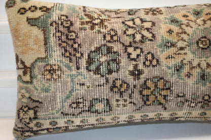 Turkish Kilim Lumbar Pillow 12x24 Beige Mint Floral Handwoven Rug Cushion Cover