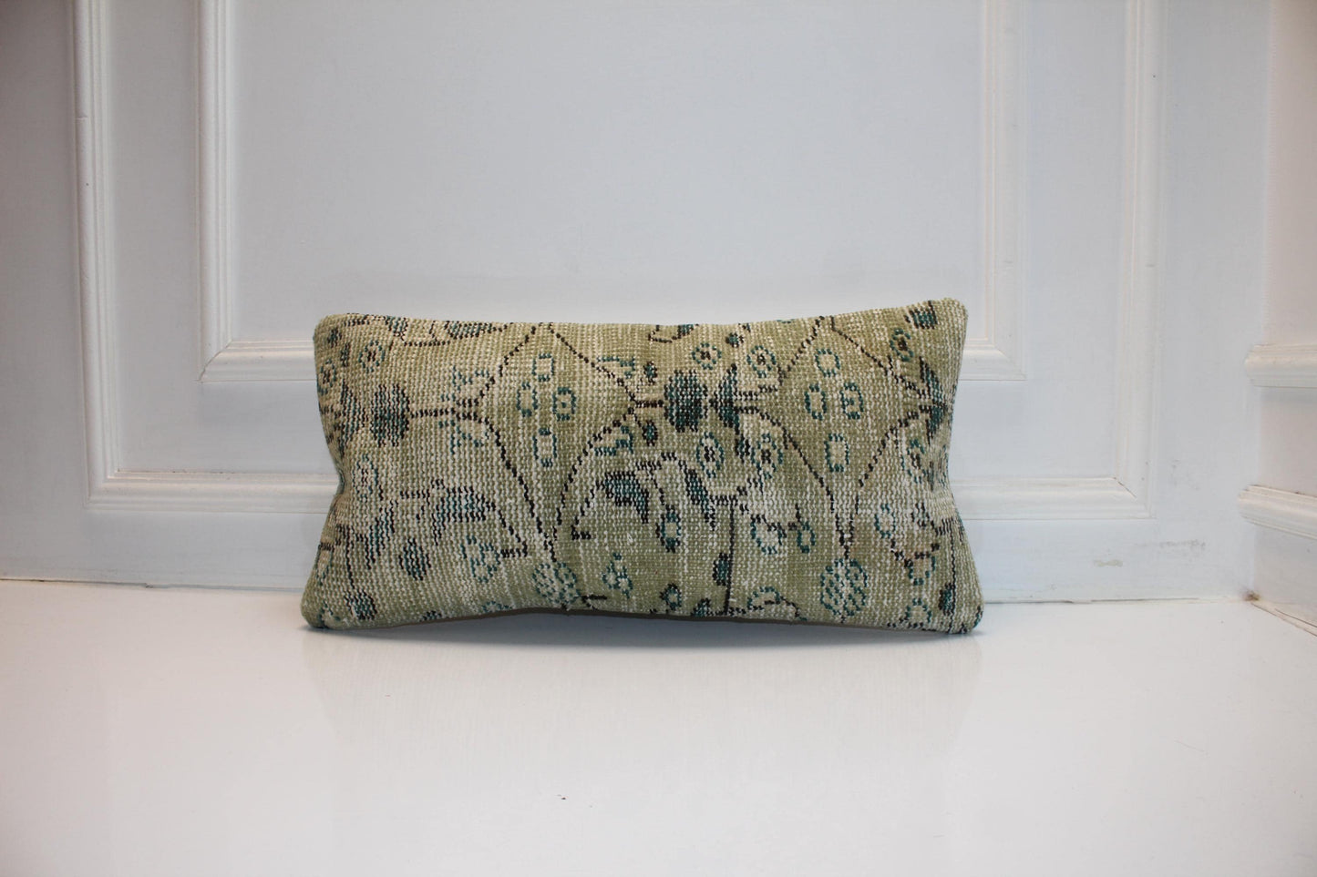 Turkish Kilim Lumbar Pillow 12x24 Sage Green Handwoven Rug Cushion Cover Geometric Boho