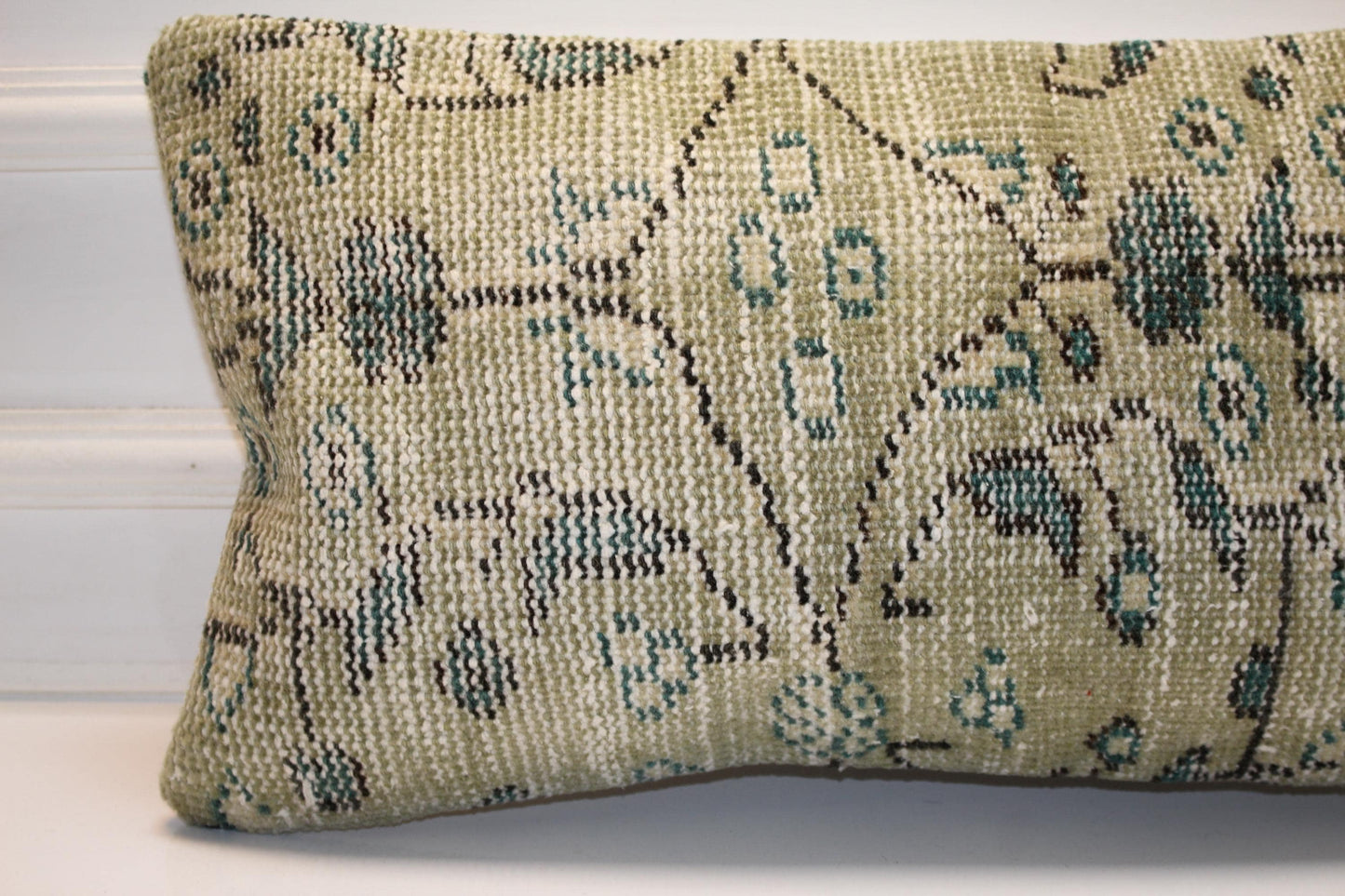 Turkish Kilim Lumbar Pillow 12x24 Sage Green Handwoven Rug Cushion Cover Geometric Boho
