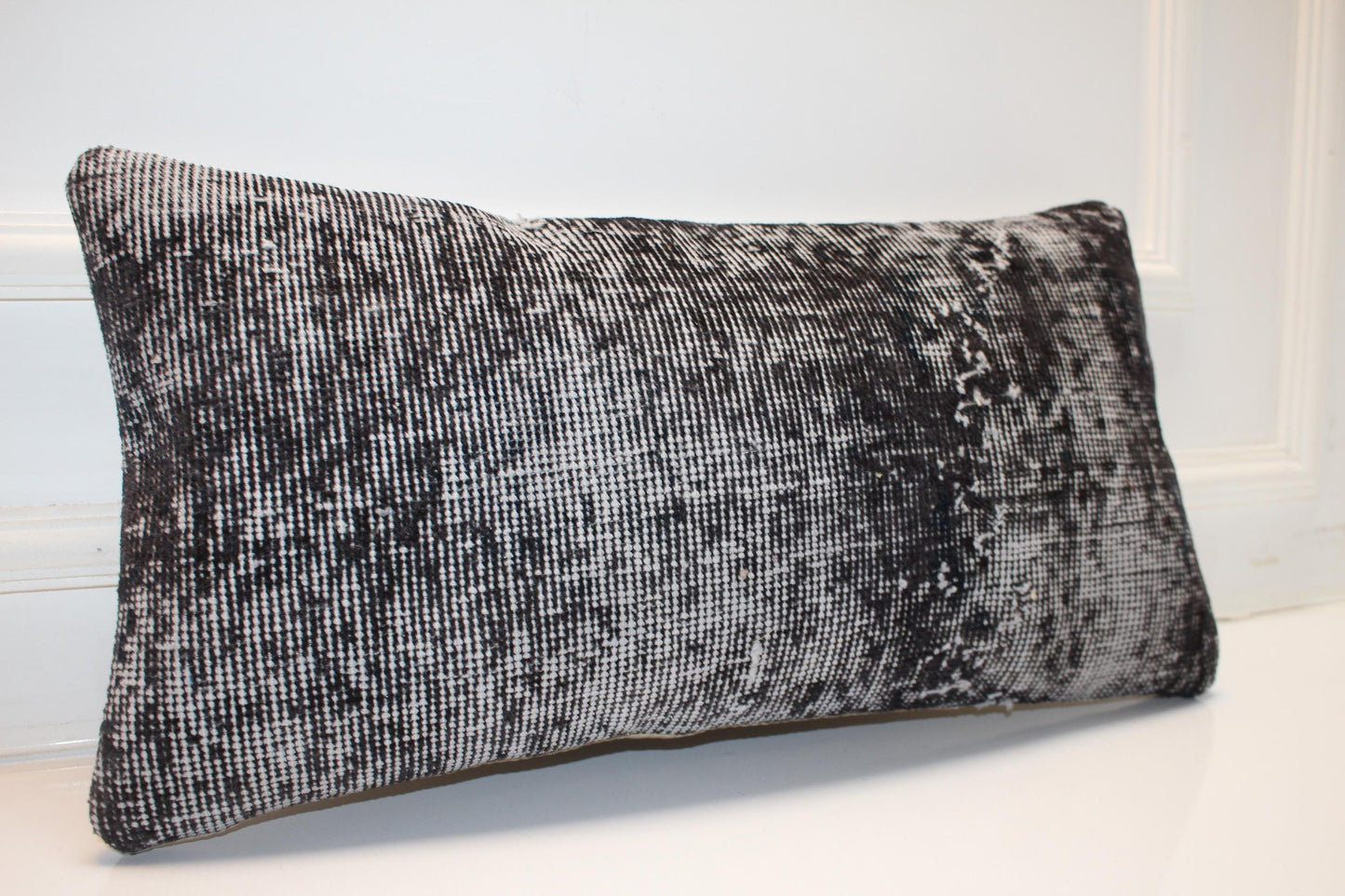 Turkish Kilim Lumbar Pillow 12x24 Black Grey Handwoven Rug Cushion Cover