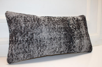 Turkish Kilim Lumbar Pillow 12x24 Black Grey Handwoven Rug Cushion Cover