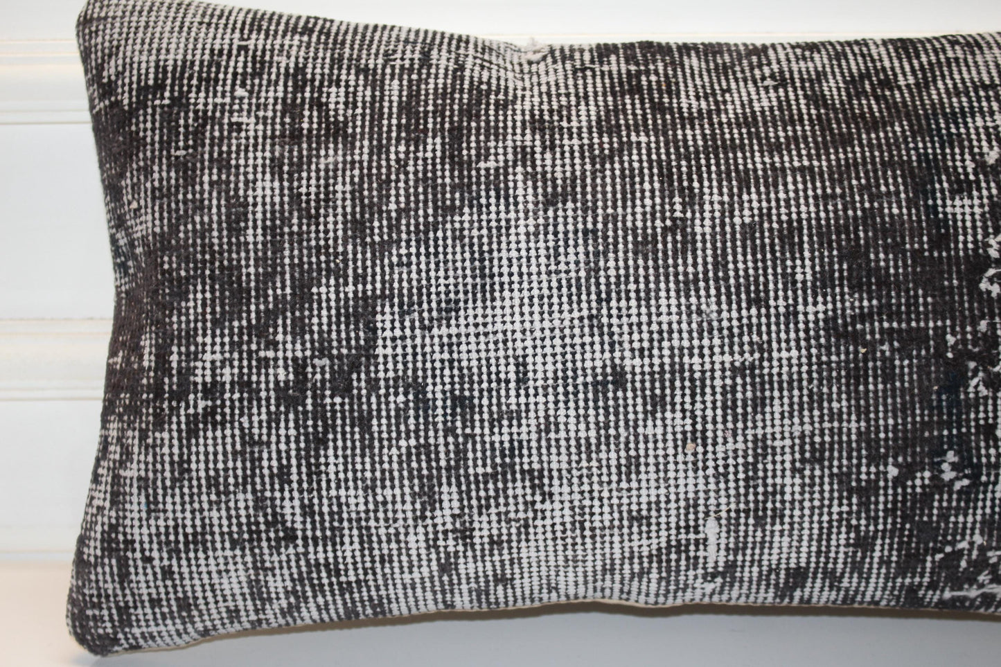 Turkish Kilim Lumbar Pillow 12x24 Black Grey Handwoven Rug Cushion Cover