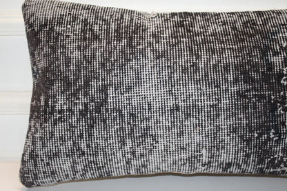 Turkish Kilim Lumbar Pillow 12x24 Black Grey Handwoven Rug Cushion Cover