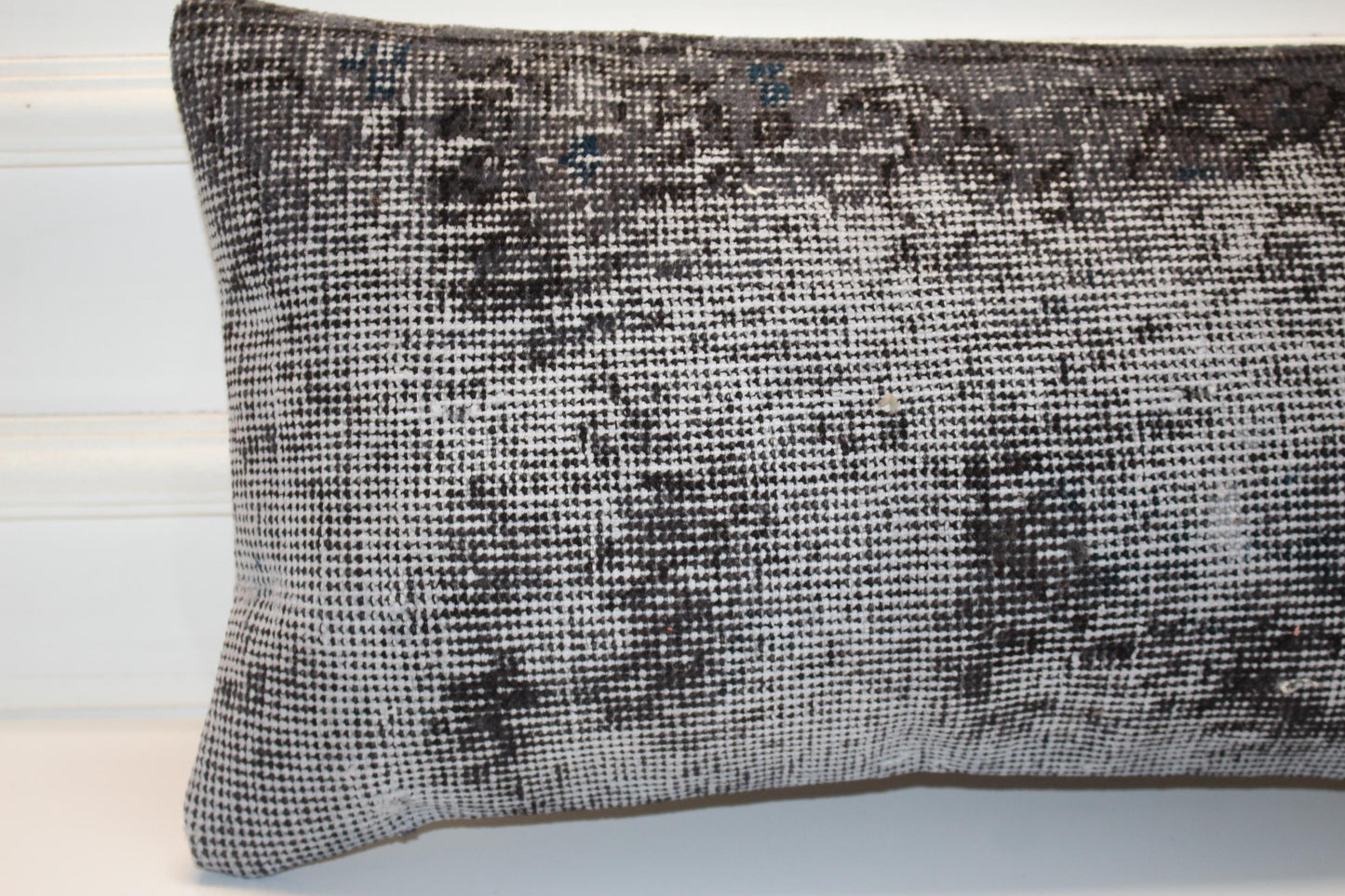 Turkish Kilim Lumbar Pillow 12x24 Grey Black Handwoven Rug Cushion Cover Modern Neutral