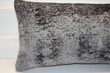 Turkish Kilim Lumbar Pillow 12x24 Grey Black Handwoven Rug Cushion Cover Modern Neutral