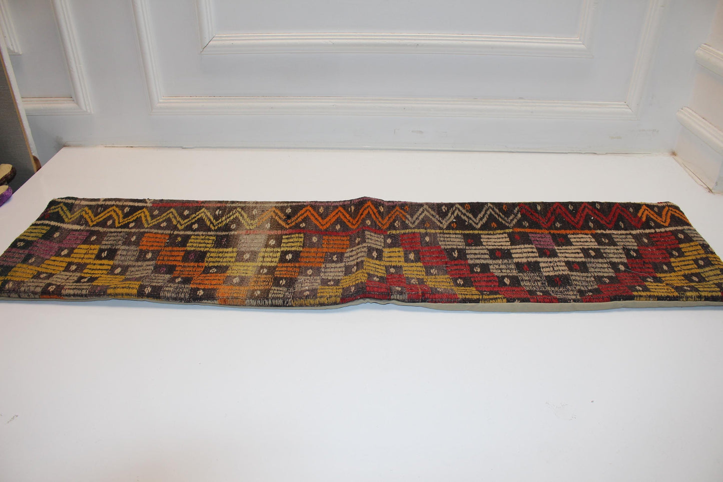 Turkish Kilim Bench Pillow 12x48 Long Lumbar Cushion Cover Colorful Tribal Handwoven