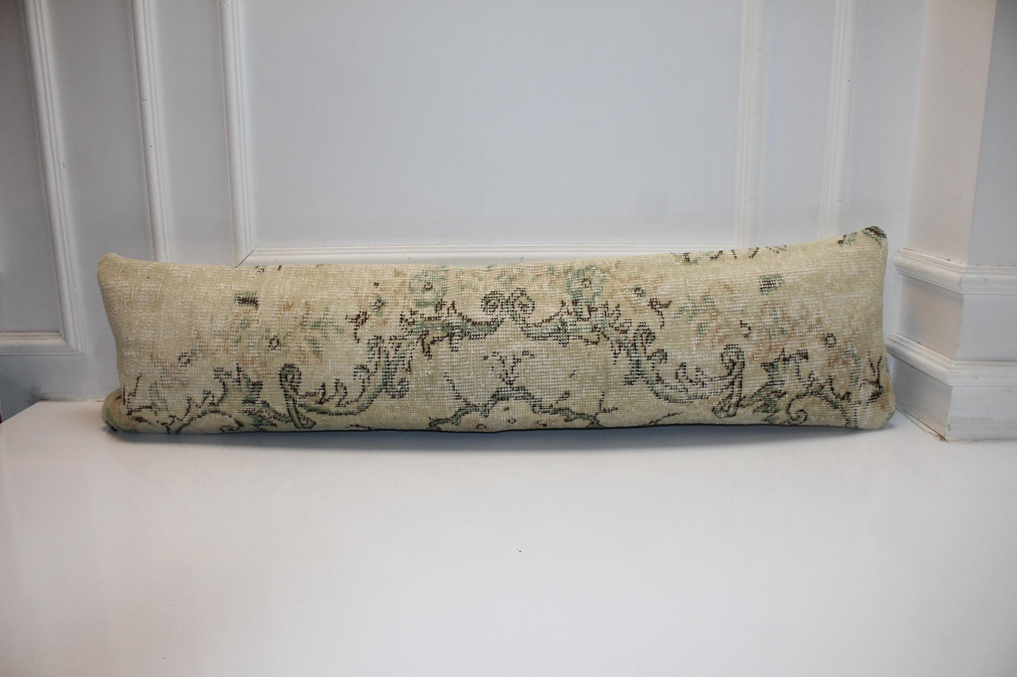 Turkish Kilim Bench Pillow 12x48 Long Lumbar Cushion Cover Cream Floral Handwoven