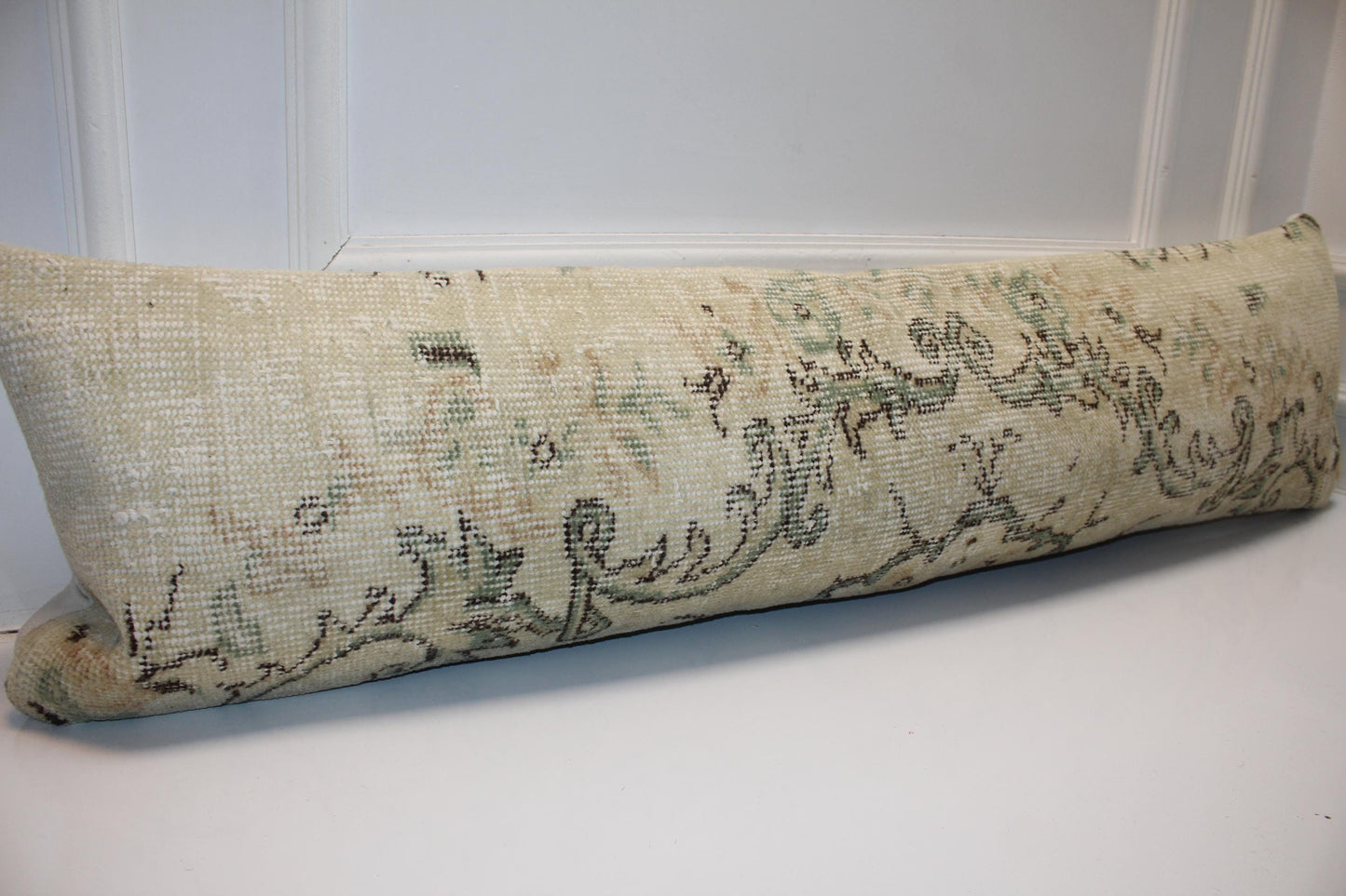 Turkish Kilim Bench Pillow 12x48 Long Lumbar Cushion Cover Cream Floral Handwoven