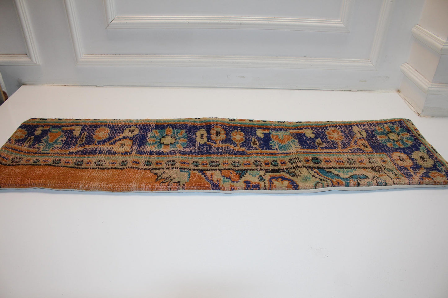 Curated Vintage Turkish Kilim Bench Pillow 12x48 Long Blue Orange Handwoven Statement Textile Accent