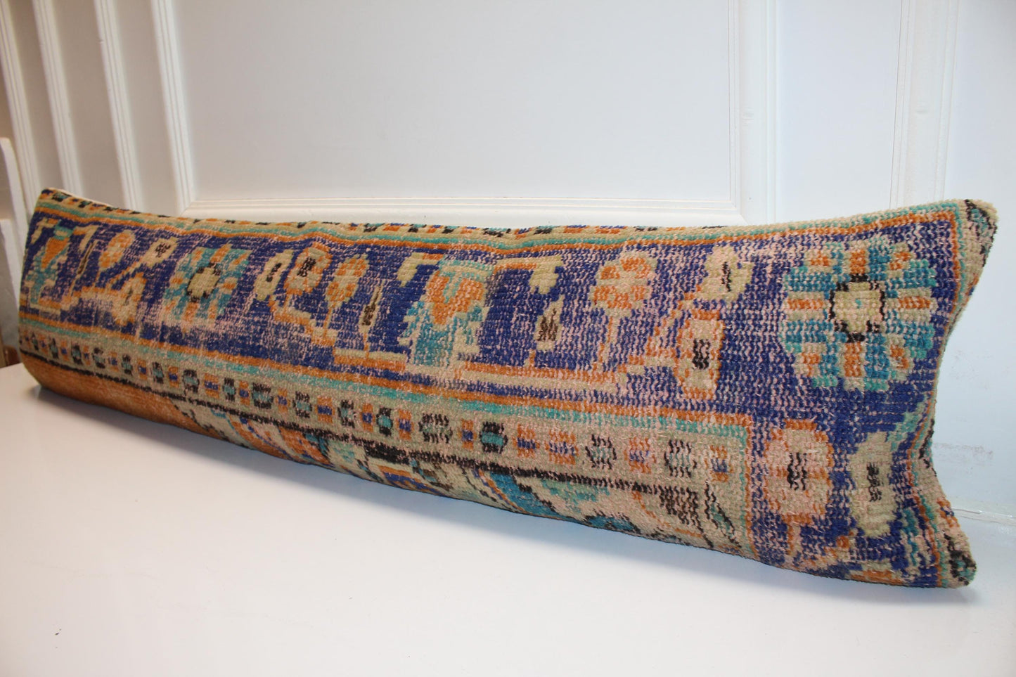 Curated Vintage Turkish Kilim Bench Pillow 12x48 Long Blue Orange Handwoven Statement Textile Accent