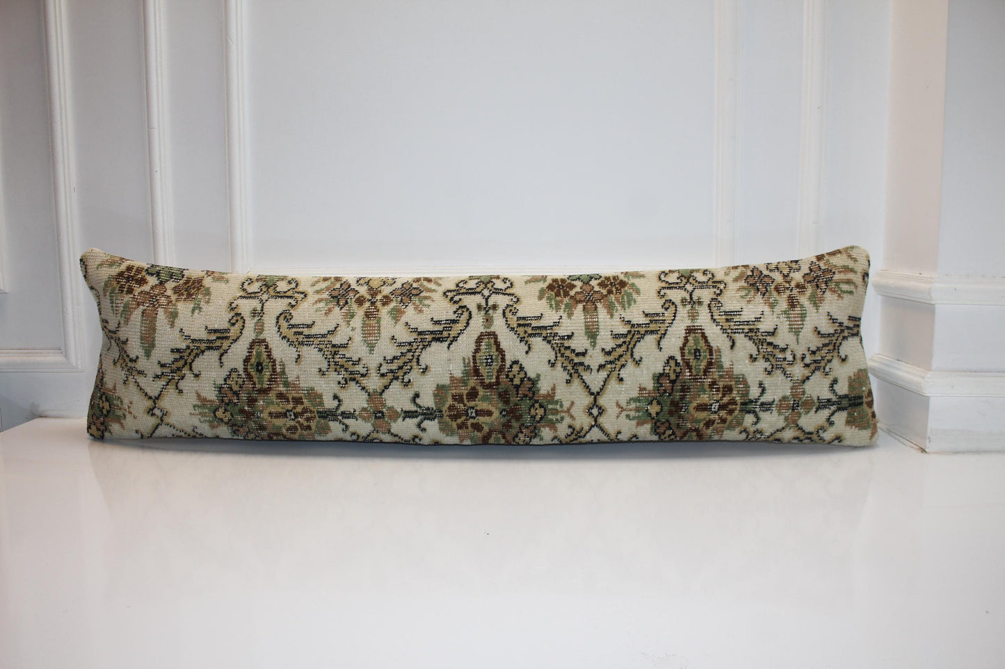 Timeless Vintage Turkish Kilim Bench Pillow 12x48 Long Cream Handwoven Heritage Textile Accent