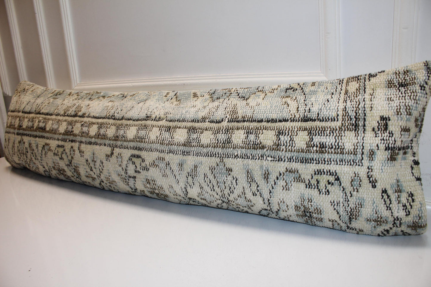 Stone Toned Vintage Turkish Kilim Bench Pillow 12x48 Long Handwoven Minimal Heritage Textile Accent