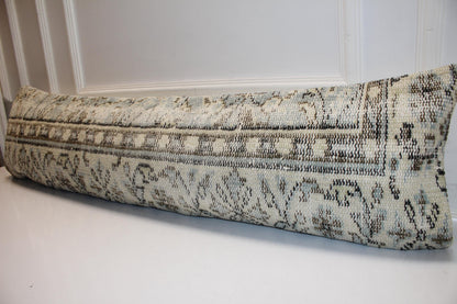 Stone Toned Vintage Turkish Kilim Bench Pillow 12x48 Long Handwoven Minimal Heritage Textile Accent