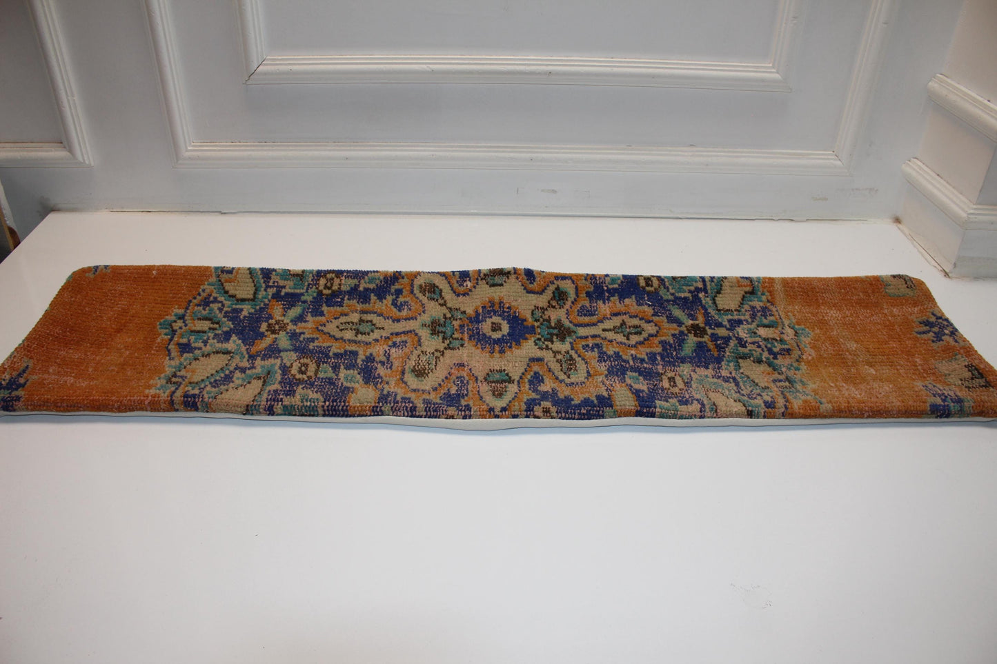 Vintage Turkish Kilim Bench Pillow 12x48 Long Cinnamon Blue Handwoven Medallion Textile Accent