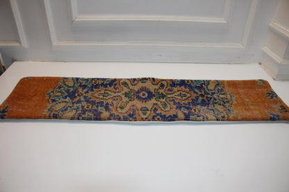 Vintage Turkish Kilim Bench Pillow 12x48 Long Cinnamon Blue Handwoven Medallion Textile Accent