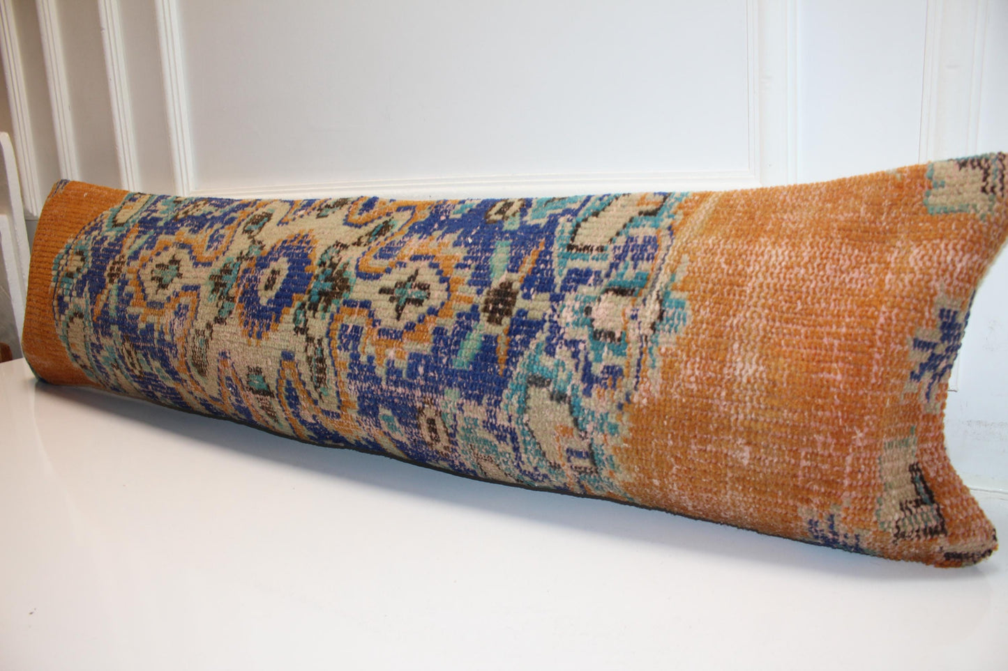 Vintage Turkish Kilim Bench Pillow 12x48 Long Cinnamon Blue Handwoven Medallion Textile Accent