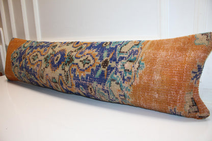 Vintage Turkish Kilim Bench Pillow 12x48 Long Cinnamon Blue Handwoven Medallion Textile Accent