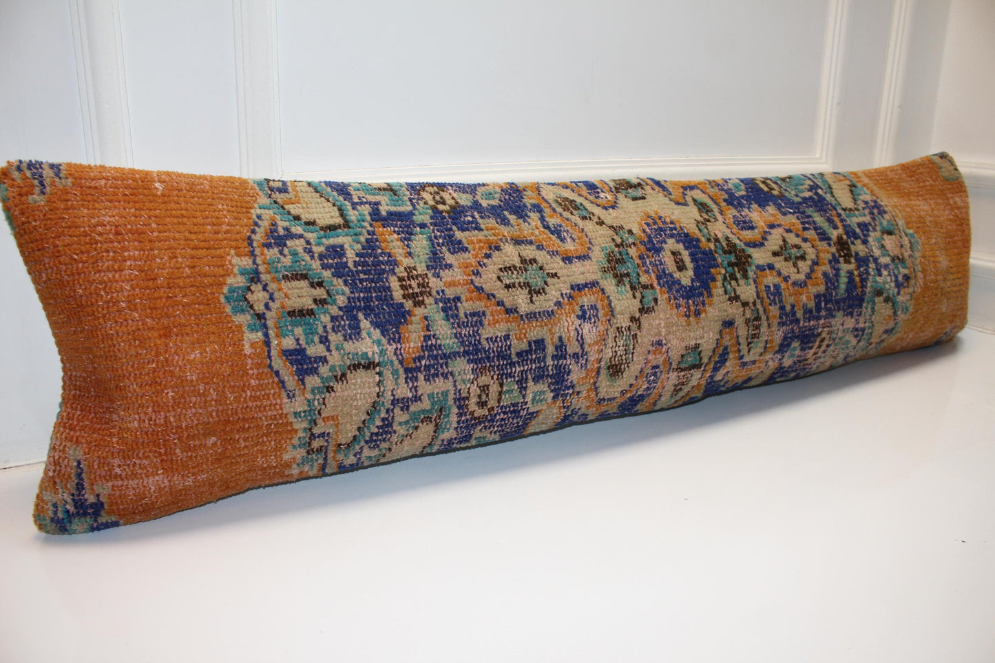 Vintage Turkish Kilim Bench Pillow 12x48 Long Cinnamon Blue Handwoven Medallion Textile Accent