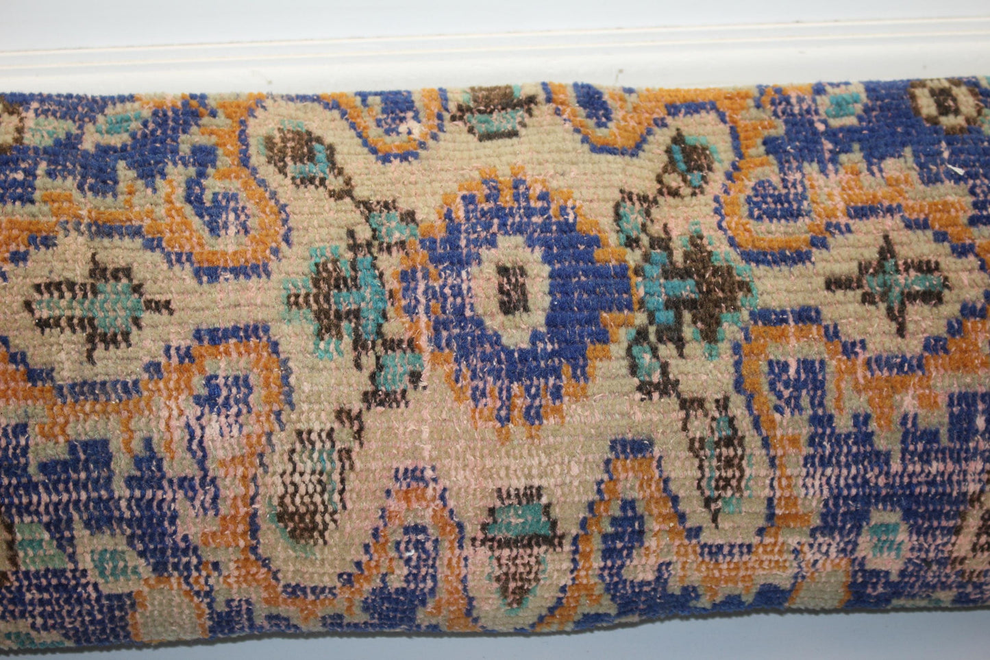 Vintage Turkish Kilim Bench Pillow 12x48 Long Cinnamon Blue Handwoven Medallion Textile Accent