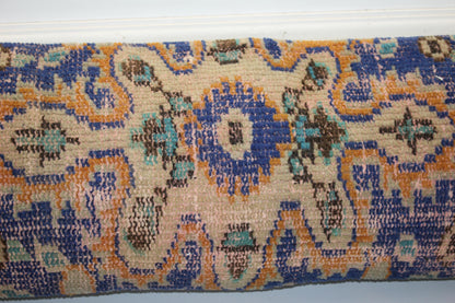 Vintage Turkish Kilim Bench Pillow 12x48 Long Cinnamon Blue Handwoven Medallion Textile Accent