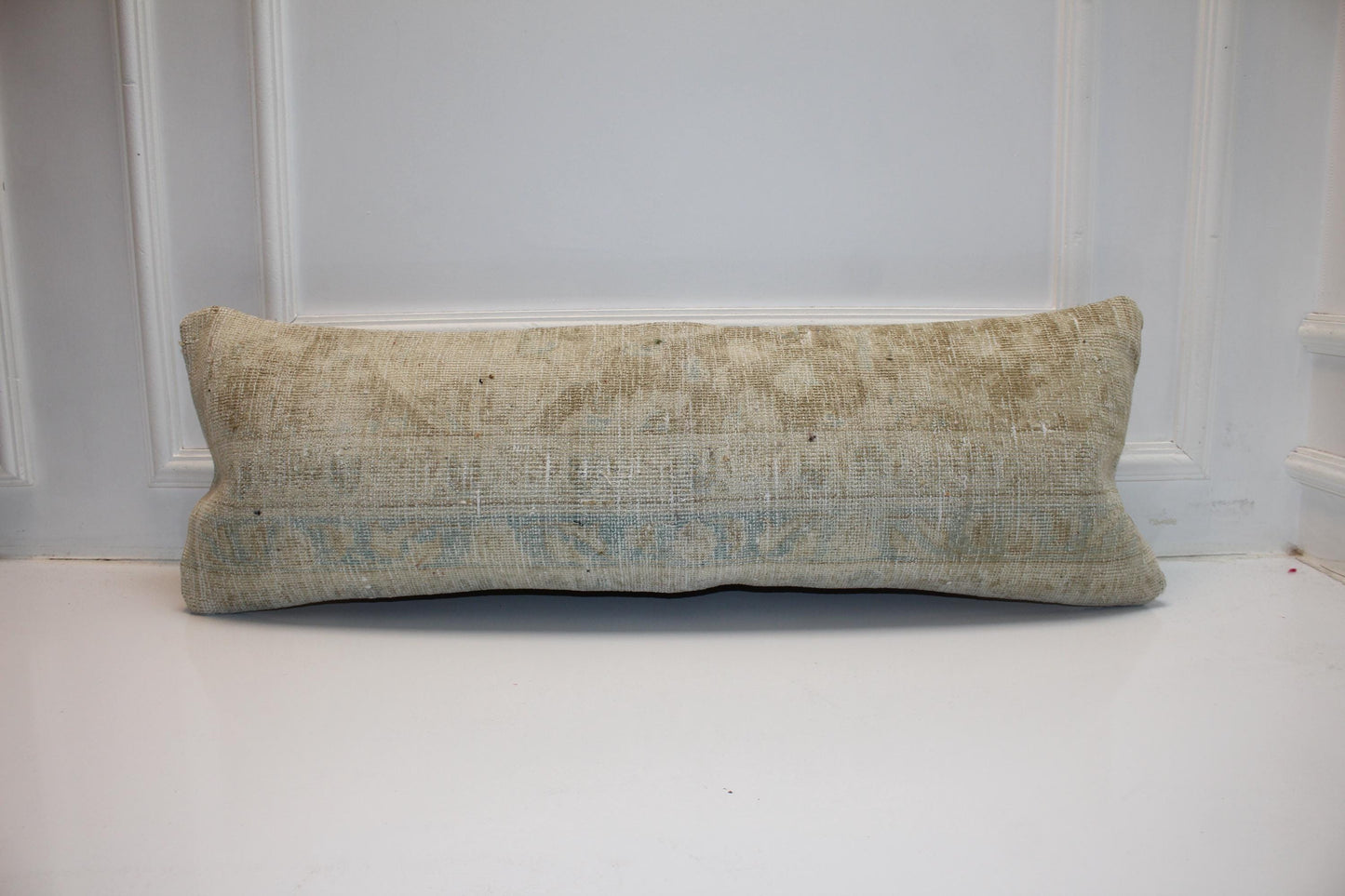 Faded Cream Vintage Turkish Kilim Bench Pillow 12x36 Long Handwoven Quiet Tone Textile Accent