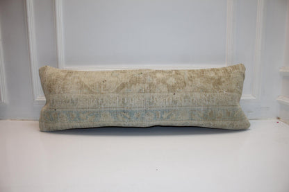 Faded Cream Vintage Turkish Kilim Bench Pillow 12x36 Long Handwoven Quiet Tone Textile Accent