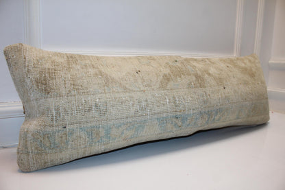 Faded Cream Vintage Turkish Kilim Bench Pillow 12x36 Long Handwoven Quiet Tone Textile Accent