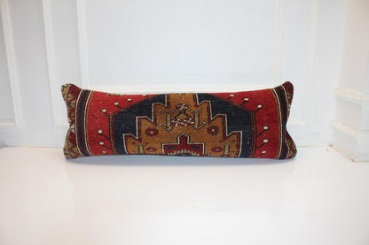 Vintage Turkish Kilim Bench Pillow 12x36 Long Red Navy Handwoven Anatolian Medallion Textile Accent
